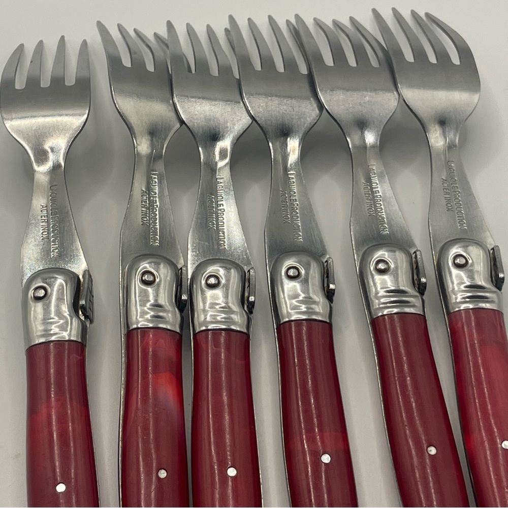 Laguiole Production Acier Inox Set of 6 Forks Red Handles Bee Cutlery - Picture 10 of 10